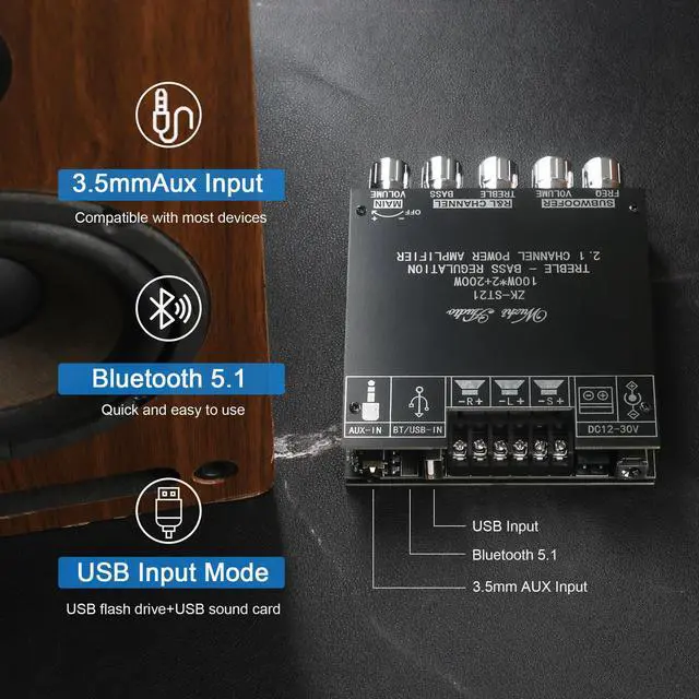 Alt view image 3 of 6 - ZK-ST21 100Wx2+200W 2.1Channel Bluetooth Amplifier Board with Subwoofer, TPA3221 Chip, Bass/Treble Control, Bluetooth/AUX/USB Input, 12-30V Wide Voltage Vehicle Amplifier