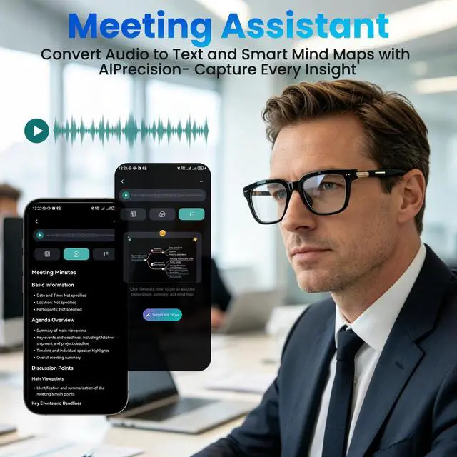 Alt view image 4 of 7 - AI Smart Glasses for Men and Women with Chat GPT, 164 Languages, Photochromic Lens, Al Assistant & Meeting Summary, Music Playback, Hands-Free Calling, UV/Blue Light Protection Black