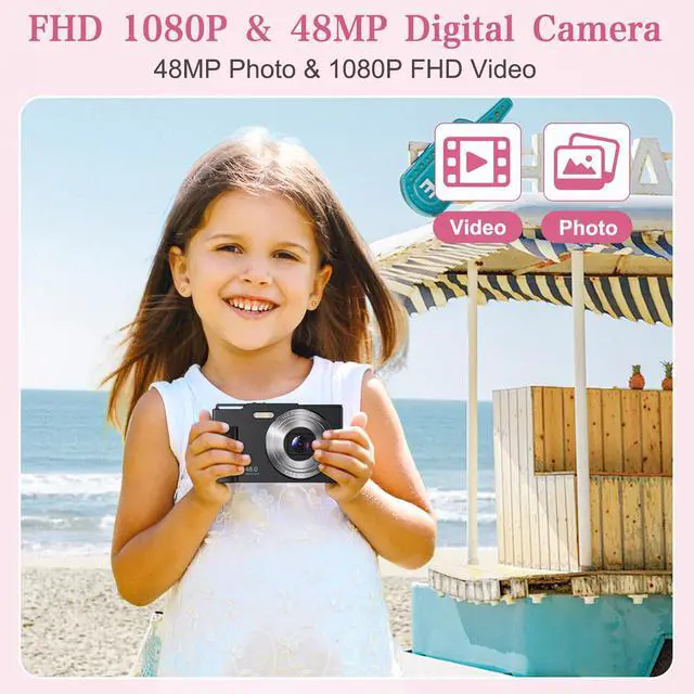 Alt view image 2 of 7 - Digital Camera for Kids, FHD 1080P Point and Shoot Children's Camera with 16X Digital Zoom, Anti-Shake, Flash, 32GB Card, Portable Compact Travel Camera for Boys, Girls (Black)