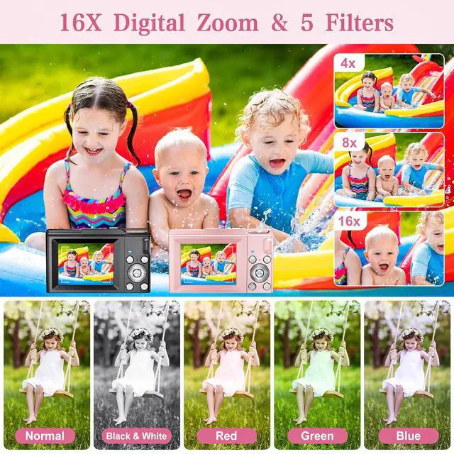 Alt view image 3 of 7 - Digital Camera for Kids, FHD 1080P Point and Shoot Children's Camera with 16X Digital Zoom, Anti-Shake, Flash, 32GB Card, Portable Compact Travel Camera for Boys, Girls (Black)