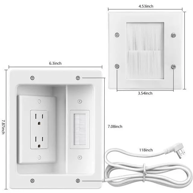 Alt view image 2 of 7 - in-Wall TV Cable Management Kit, Dual Outlet Cord Hider for Wall Mounted TV with Data Jacks