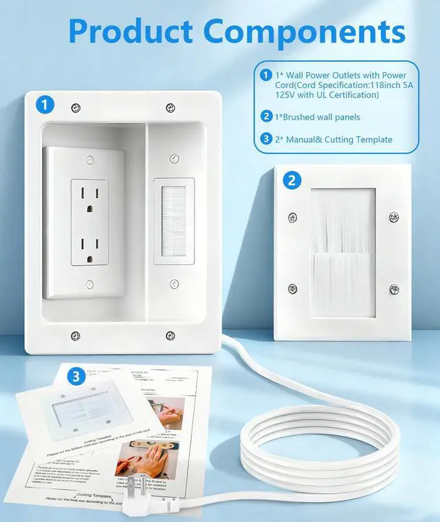 Alt view image 5 of 7 - in-Wall TV Cable Management Kit, Dual Outlet Cord Hider for Wall Mounted TV with Data Jacks
