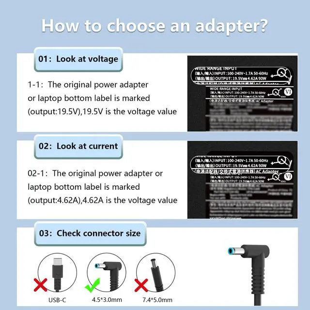 Alt view image 3 of 7 - 90W 19.5V 4.62A AC Charger Compatible with HP Envy TouchSmart 15 17 Laptop | L24008-001, 710413-001, 4.5mm Blue Tip, Smart AC Adapter