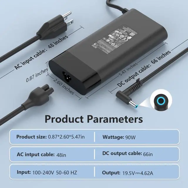 Alt view image 6 of 7 - 90W 19.5V 4.62A AC Charger Compatible with HP Envy TouchSmart 15 17 Laptop | L24008-001, 710413-001, 4.5mm Blue Tip, Smart AC Adapter