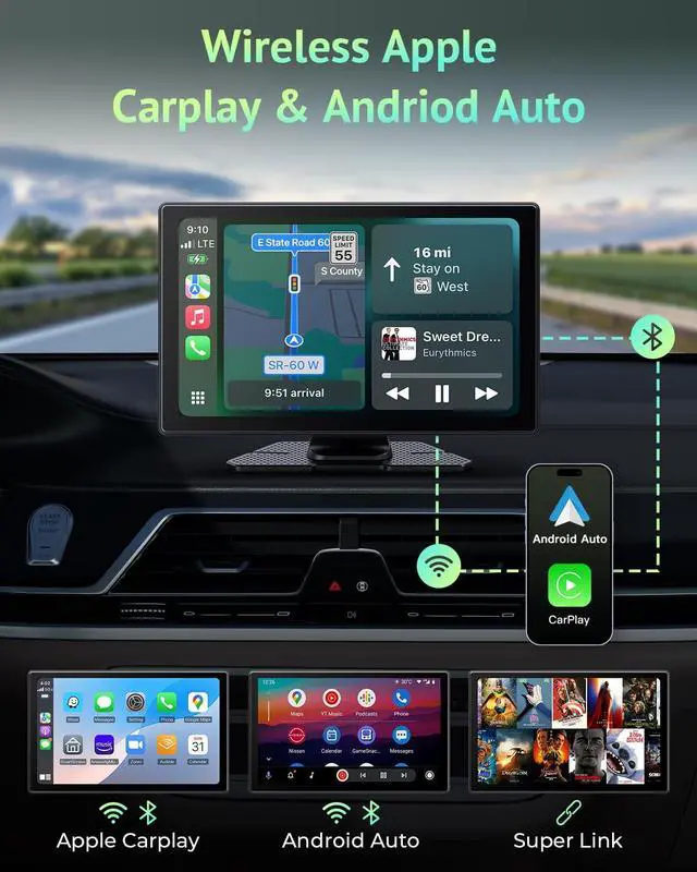 Alt view image 2 of 7 - Carplay Screen for Apple CarPlay & Android Auto with 4K Dash Cam 9" | Portable Car Play Screen for Car, HD IPS Backup Camera, GPS Navigation, Bluetooth, AirPlay, AUX/FM for All Vehicles