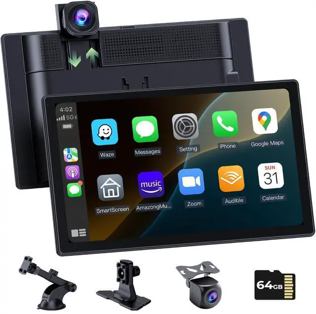 Main image of Carplay Screen for Apple CarPlay & Android Auto with 4K Dash Cam 9" | Portable Car Play Screen for Car, HD IPS Backup Camera, GPS Navigation, Bluetooth, AirPlay, AUX/FM for All Vehicles