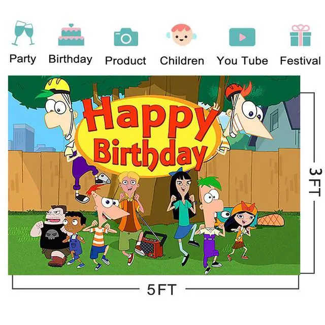 Alt view image 2 of 2 - RNINE Phineas and Ferb Backdrop 5x3ft Cartoon Photo Background for Birthday Party Supplies Phineas and Ferb Baby Shower Banner for Party Decorations