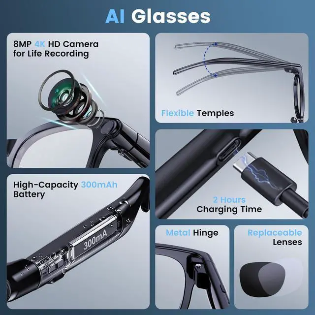 Alt view image 5 of 6 - AI Smart Glasses with Camera, 4K HD Video and Recording | 4K HD Video & Photo Capture, Real-Time Translation, Open-Ear Audio, Object Recognition, Bluetooth