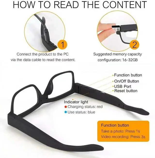 Alt view image 2 of 6 - Smart Video Glasses Camera 1080P HD - Portable Wearable Eyewear for Outdoor Sports, Biking & Hiking (Memory Card Not Included)