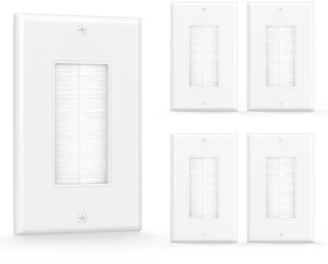 Main image of Brush Wall Plate, Single Gang Cable Pass Through, 5 Pack, White | Cord Hider for Low Voltage Wires, In Wall Cable Management for Wall Mount TV, HDTV, Home Theater Systems