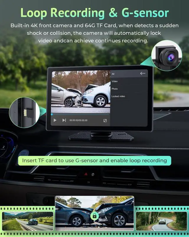 Alt view image 3 of 7 - Carplay Screen for Apple CarPlay & Android Auto with 4K Dash Cam 9" | Portable Car Play Screen for Car, HD IPS Backup Camera, GPS Navigation, Bluetooth, AirPlay, AUX/FM for All Vehicles