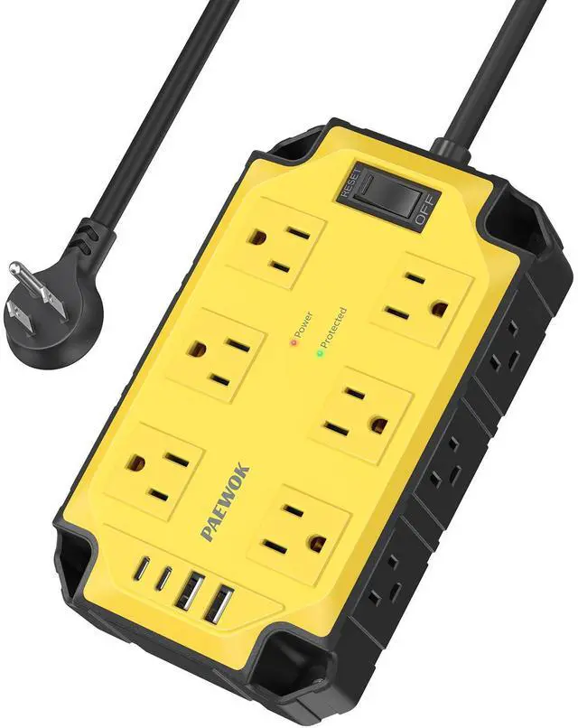 Main image of 12AC Magnetic Heavy Duty Power Strip, 6.5 FT Extension Cord Surge Protector | 15 Amps/1200 Joules, 4 USB Ports (2 USB-C), Power Strip for Industrial Shop Garage, Yellow
