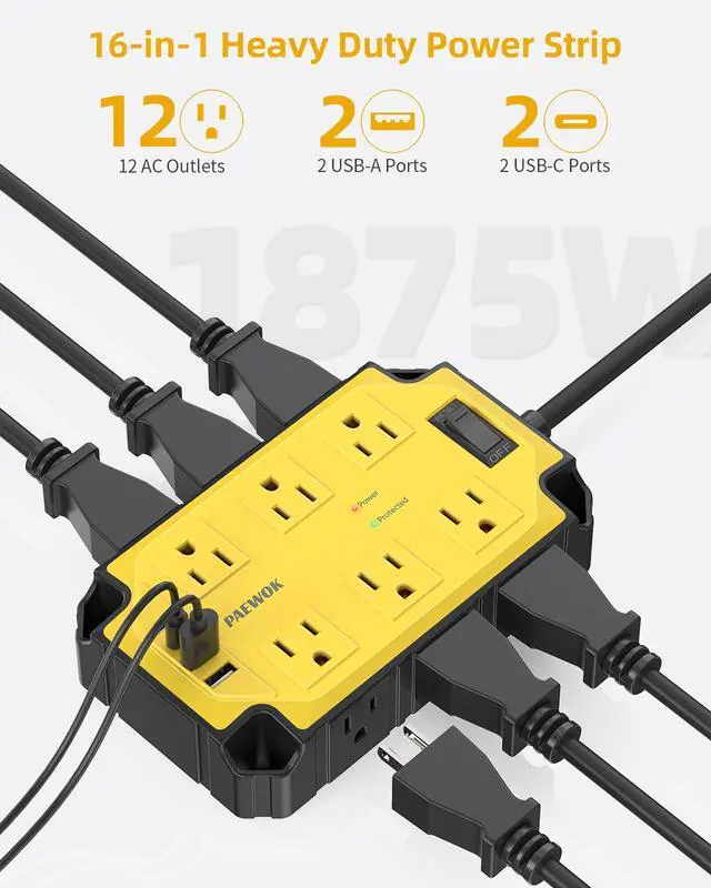 Alt view image 2 of 7 - 12AC Magnetic Heavy Duty Power Strip, 6.5 FT Extension Cord Surge Protector | 15 Amps/1200 Joules, 4 USB Ports (2 USB-C), Power Strip for Industrial Shop Garage, Yellow