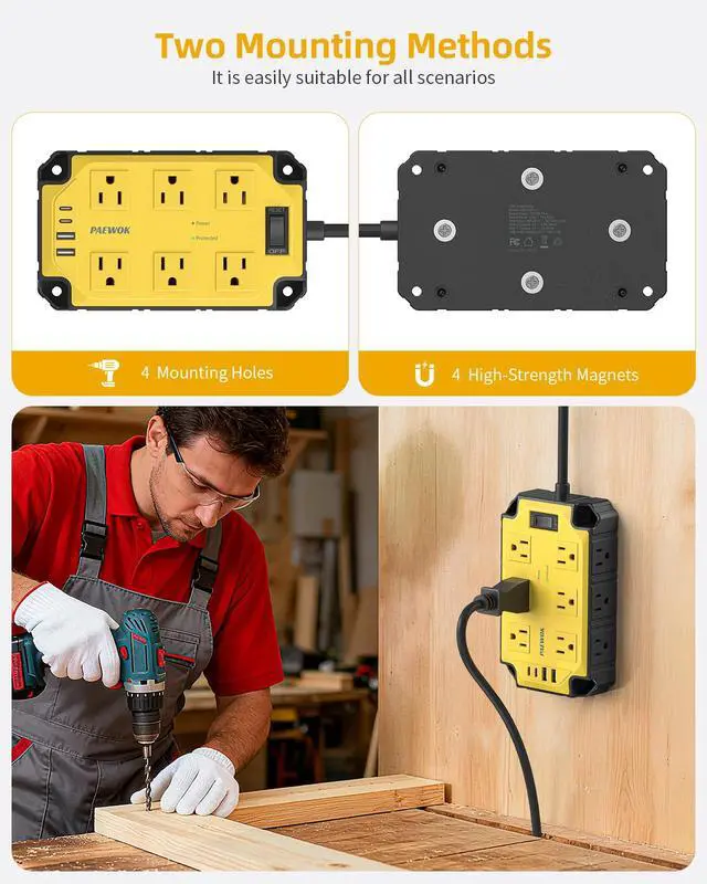 Alt view image 3 of 7 - 12AC Magnetic Heavy Duty Power Strip, 6.5 FT Extension Cord Surge Protector | 15 Amps/1200 Joules, 4 USB Ports (2 USB-C), Power Strip for Industrial Shop Garage, Yellow