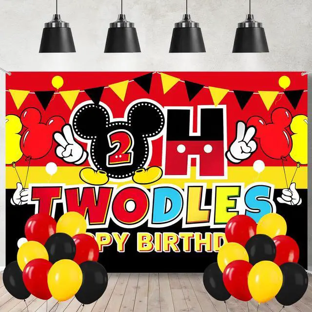 Main image of Cartoon 2nd Birthday Party Decorations 5x3FT Backdrop Banner with 18 Black Red Yellow Balloons, Cute Mouse Theme Photo Props Background for Oh Two Party Celebration Supplies