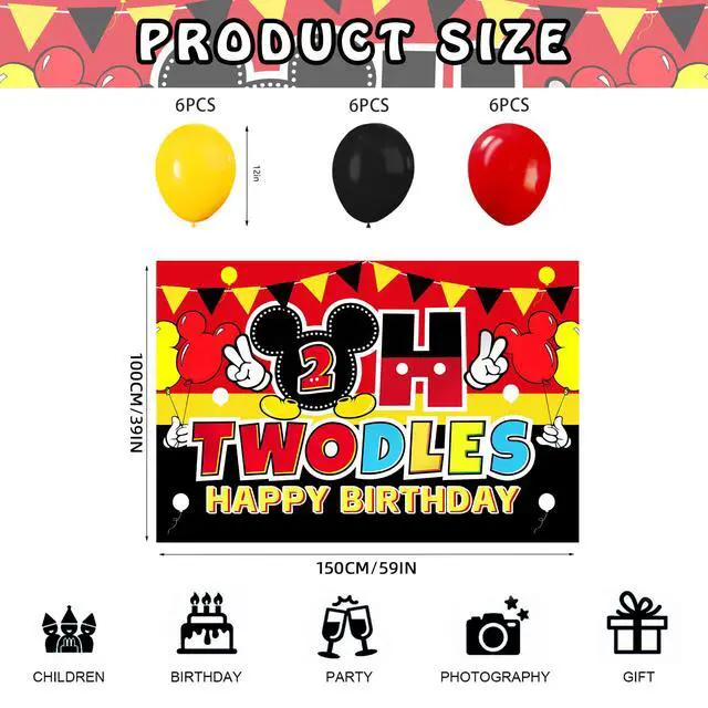 Alt view image 2 of 5 - Cartoon 2nd Birthday Party Decorations 5x3FT Backdrop Banner with 18 Black Red Yellow Balloons, Cute Mouse Theme Photo Props Background for Oh Two Party Celebration Supplies
