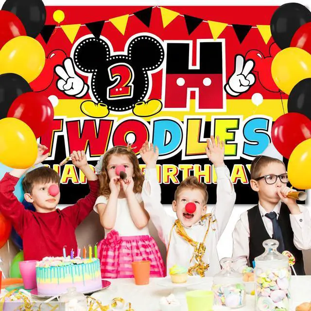 Alt view image 4 of 5 - Cartoon 2nd Birthday Party Decorations 5x3FT Backdrop Banner with 18 Black Red Yellow Balloons, Cute Mouse Theme Photo Props Background for Oh Two Party Celebration Supplies