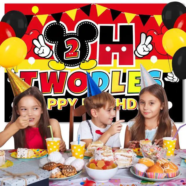 Alt view image 3 of 5 - Cartoon 2nd Birthday Party Decorations 5x3FT Backdrop Banner with 18 Black Red Yellow Balloons, Cute Mouse Theme Photo Props Background for Oh Two Party Celebration Supplies
