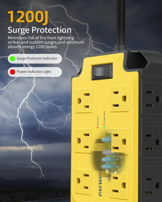 Alt view image 5 of 7 - 12AC Magnetic Heavy Duty Power Strip, 6.5 FT Extension Cord Surge Protector | 15 Amps/1200 Joules, 4 USB Ports (2 USB-C), Power Strip for Industrial Shop Garage, Yellow