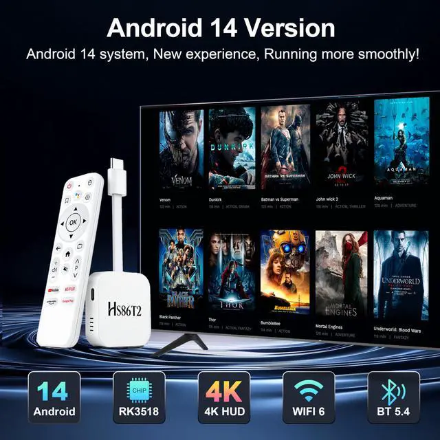 Alt view image 2 of 7 - Latest Smart TV Stick Android 14.0 2026 4K @60fps Ultra HD TV Stick Android Box 2GB RAM 16GB ROM RK3518 Processor Dual WiFi 6 2.4G/5G BT5 HDR10+ USB2.0 HDMI 2.0 with Bluetooth Voice Remote Control