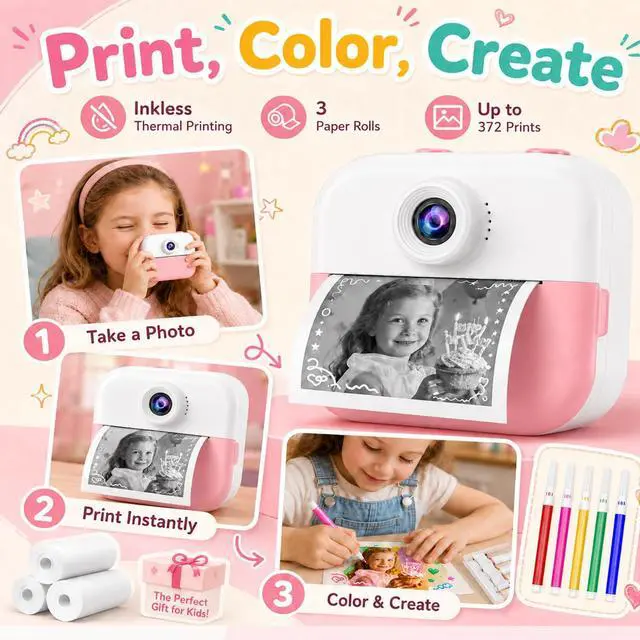 Alt view image 2 of 7 - Kids Camera Instant Print Camera for Kids Ages 3-12, Christmas Birthday Gifts for Girls Boys, 1080P Dual Lens Selfie Digital Camera with 32GB Card, Portable Toy for 3 4 5 6 7 8 9 10 Year Old