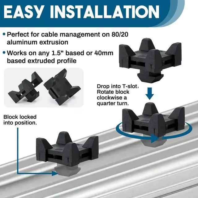 Alt view image 3 of 6 - 12316, 15 and 40 Series Nylon Cable Zip Tie Mounting Block Compatible with 8020 Cable Tie Mount for Wire Management (25 Set)