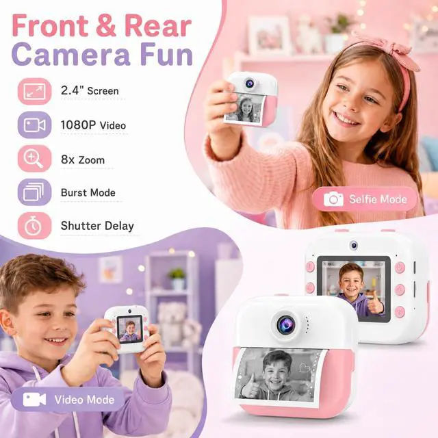 Alt view image 3 of 7 - Kids Camera Instant Print Camera for Kids Ages 3-12, Christmas Birthday Gifts for Girls Boys, 1080P Dual Lens Selfie Digital Camera with 32GB Card, Portable Toy for 3 4 5 6 7 8 9 10 Year Old
