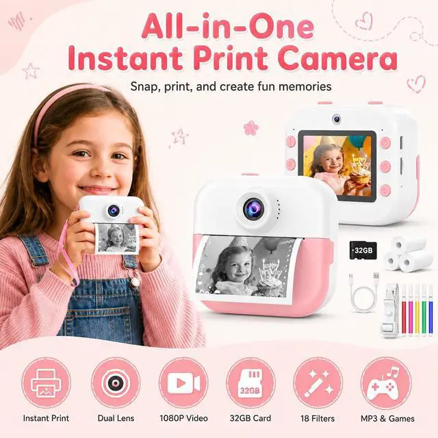 Alt view image 5 of 7 - Kids Camera Instant Print Camera for Kids Ages 3-12, Christmas Birthday Gifts for Girls Boys, 1080P Dual Lens Selfie Digital Camera with 32GB Card, Portable Toy for 3 4 5 6 7 8 9 10 Year Old