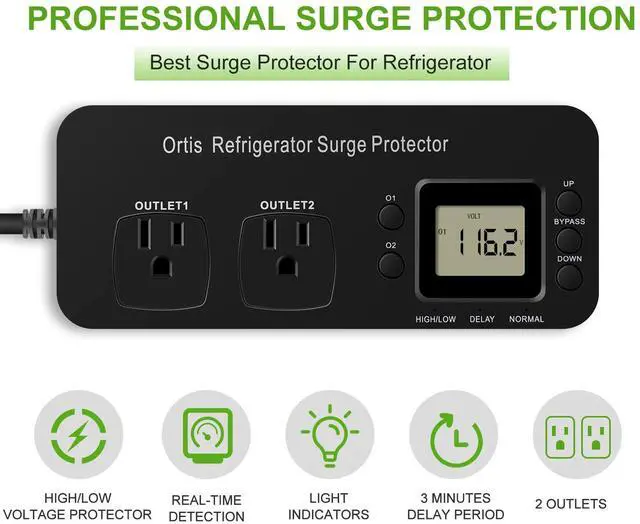 Alt view image 2 of 7 - Refrigerator Surge Protector, Double Outlet Electronic Surge Protector for Home Appliances with Time Delay & Real-Time Electricity Usage Monitor, Protects All Voltage Abnormalities