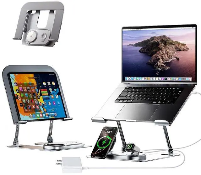 Main image of Adjustable Laptop Stand with Wireless Charger, Qi2 15W, 4in1 | Qi2 15W fast charging for phone and watch. 3-in-1 station with LED light. Fits 10-17.3 inch laptops. Foldable, holds 22lb