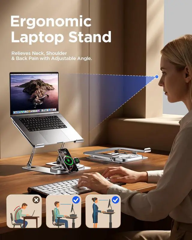 Alt view image 2 of 6 - Adjustable Laptop Stand with Wireless Charger, Qi2 15W, 4in1 | Qi2 15W fast charging for phone and watch. 3-in-1 station with LED light. Fits 10-17.3 inch laptops. Foldable, holds 22lb