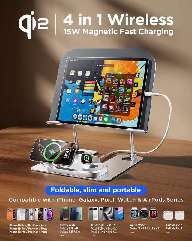 Alt view image 3 of 6 - Adjustable Laptop Stand with Wireless Charger, Qi2 15W, 4in1 | Qi2 15W fast charging for phone and watch. 3-in-1 station with LED light. Fits 10-17.3 inch laptops. Foldable, holds 22lb