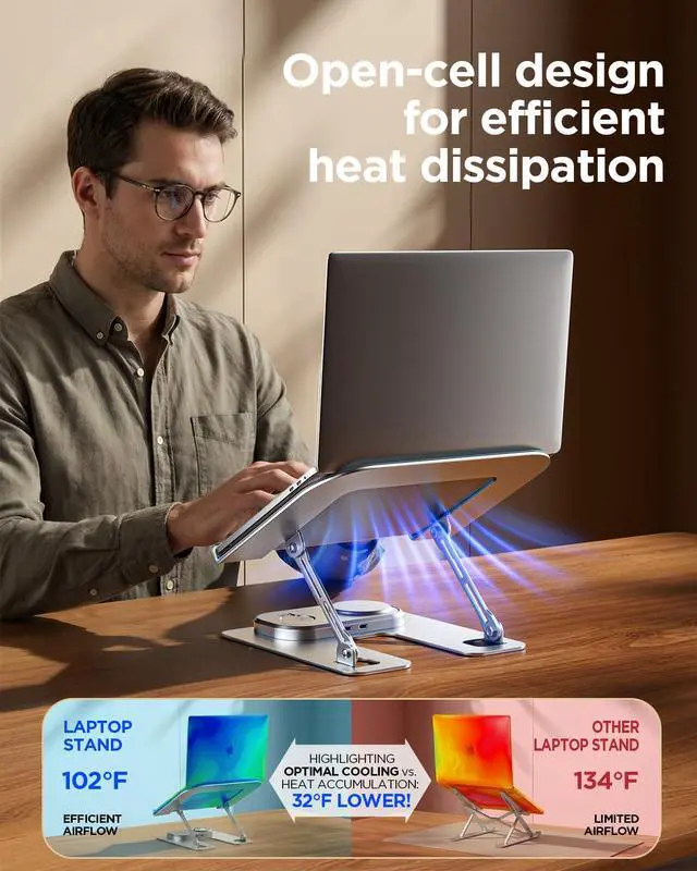 Alt view image 4 of 6 - Adjustable Laptop Stand with Wireless Charger, Qi2 15W, 4in1 | Qi2 15W fast charging for phone and watch. 3-in-1 station with LED light. Fits 10-17.3 inch laptops. Foldable, holds 22lb