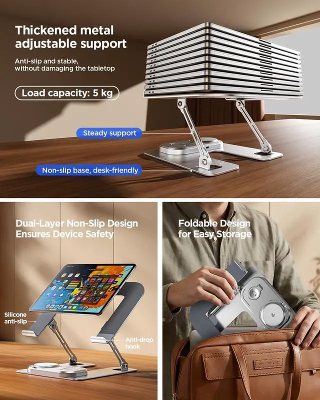 Alt view image 5 of 6 - Adjustable Laptop Stand with Wireless Charger, Qi2 15W, 4in1 | Qi2 15W fast charging for phone and watch. 3-in-1 station with LED light. Fits 10-17.3 inch laptops. Foldable, holds 22lb