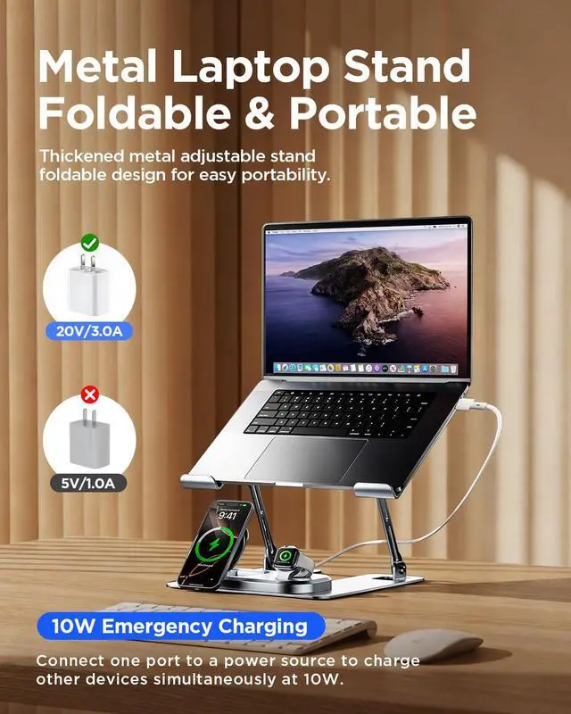 Alt view image 6 of 6 - Adjustable Laptop Stand with Wireless Charger, Qi2 15W, 4in1 | Qi2 15W fast charging for phone and watch. 3-in-1 station with LED light. Fits 10-17.3 inch laptops. Foldable, holds 22lb