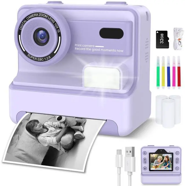 Main image of Instant Camera, Instant Print Camera for Kids with 1080P Videos, Front Rear Dual Selfie, 3 Rolls Print Paper & 32GB SD Cards, Christmas Birthday Gifts for Girls Age 3-12