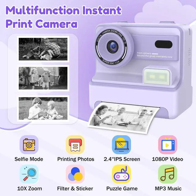 Alt view image 2 of 7 - Instant Camera, Instant Print Camera for Kids with 1080P Videos, Front Rear Dual Selfie, 3 Rolls Print Paper & 32GB SD Cards, Christmas Birthday Gifts for Girls Age 3-12