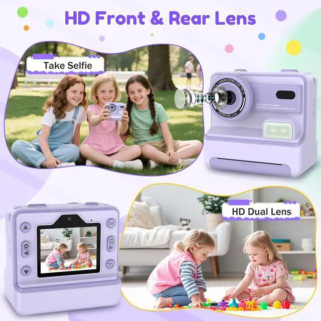 Alt view image 5 of 7 - Instant Camera, Instant Print Camera for Kids with 1080P Videos, Front Rear Dual Selfie, 3 Rolls Print Paper & 32GB SD Cards, Christmas Birthday Gifts for Girls Age 3-12