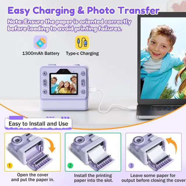 Alt view image 6 of 7 - Instant Camera, Instant Print Camera for Kids with 1080P Videos, Front Rear Dual Selfie, 3 Rolls Print Paper & 32GB SD Cards, Christmas Birthday Gifts for Girls Age 3-12