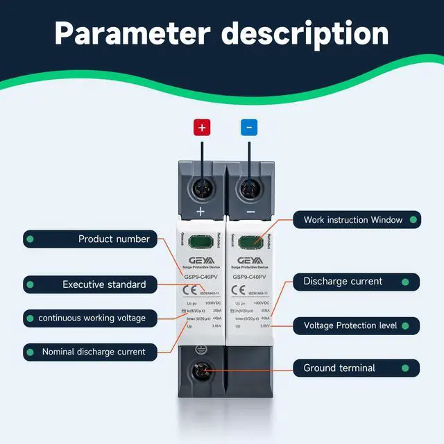 Alt view image 7 of 7 - 1PCS 2P 40KA Voltage Surge Protector DC 1000V Solar PV Lightning Arrester Device for Rv, Home Lightning Protection System 35mm DIN Rail Mount