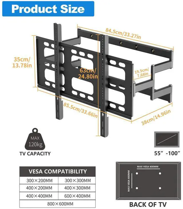 Alt view image 5 of 7 - TV Wall Mount for 55-100 Inch TVs, Holds up to 264 lbs | Heavy Duty TV Mount with Extension,Wall Mount TV Bracket with Articulating Dual Arms,Max VESA 800 x 600mm,VC-Z1688