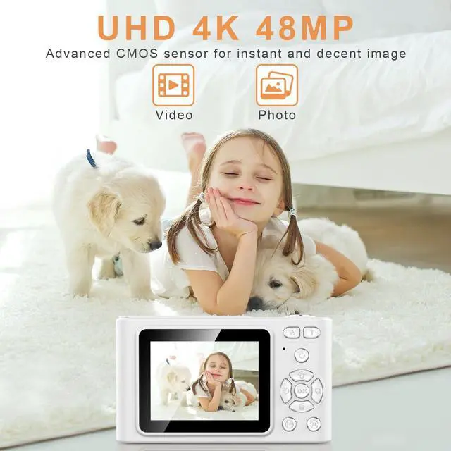 Alt view image 2 of 7 - Digital Camera, Camera for Kids, UHD 4K 48MP Point and Shoot Digital Cameras with 64GB SD Card and 16X Digital Zoom Anti Shake, Compact Portable Small Gift for Boys Girls Students,White