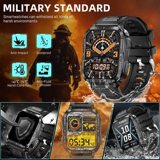 Alt view image 2 of 7 - Military Smart Watches for Men (Make/Answer Call) with LED Flashlight | Rugged Smartwatch with 1.96" Screen 430mAh Fitness Tracker with Sport Modes Heart Rate Sleep Monitor for iPhone Android phone