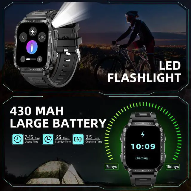 Alt view image 3 of 7 - Military Smart Watches for Men (Make/Answer Call) with LED Flashlight | Rugged Smartwatch with 1.96" Screen 430mAh Fitness Tracker with Sport Modes Heart Rate Sleep Monitor for iPhone Android phone