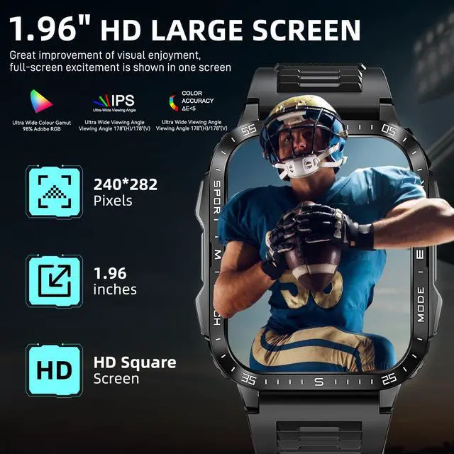 Alt view image 4 of 7 - Military Smart Watches for Men (Make/Answer Call) with LED Flashlight | Rugged Smartwatch with 1.96" Screen 430mAh Fitness Tracker with Sport Modes Heart Rate Sleep Monitor for iPhone Android phone