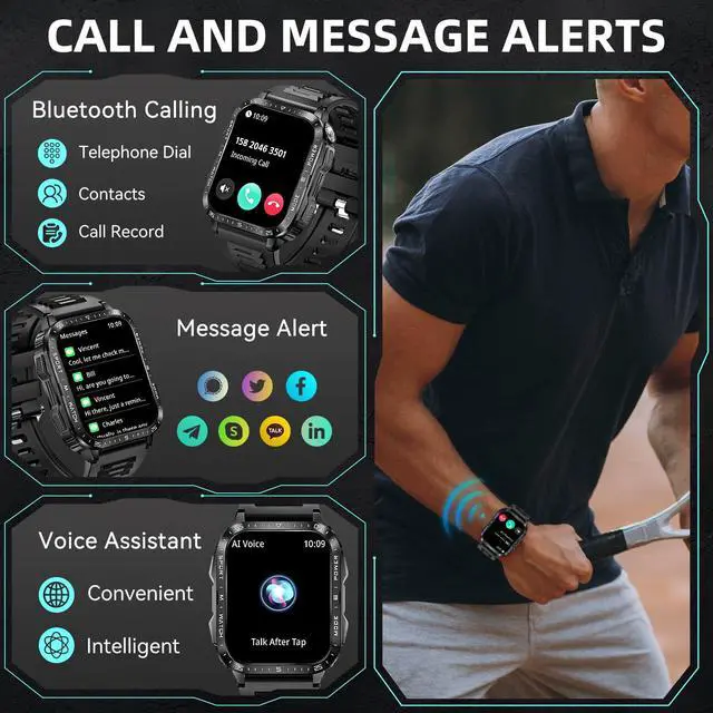 Alt view image 5 of 7 - Military Smart Watches for Men (Make/Answer Call) with LED Flashlight | Rugged Smartwatch with 1.96" Screen 430mAh Fitness Tracker with Sport Modes Heart Rate Sleep Monitor for iPhone Android phone