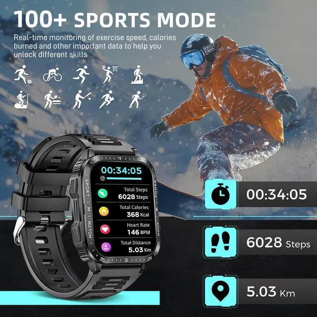 Alt view image 6 of 7 - Military Smart Watches for Men (Make/Answer Call) with LED Flashlight | Rugged Smartwatch with 1.96" Screen 430mAh Fitness Tracker with Sport Modes Heart Rate Sleep Monitor for iPhone Android phone