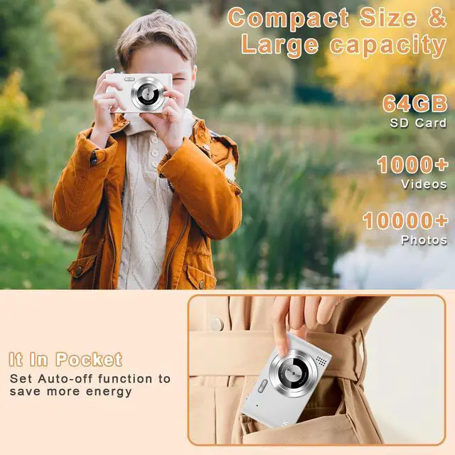 Alt view image 5 of 7 - Digital Camera, Camera for Kids, UHD 4K 48MP Point and Shoot Digital Cameras with 64GB SD Card and 16X Digital Zoom Anti Shake, Compact Portable Small Gift for Boys Girls Students,White