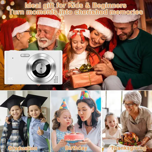 Alt view image 6 of 7 - Digital Camera, Camera for Kids, UHD 4K 48MP Point and Shoot Digital Cameras with 64GB SD Card and 16X Digital Zoom Anti Shake, Compact Portable Small Gift for Boys Girls Students,White