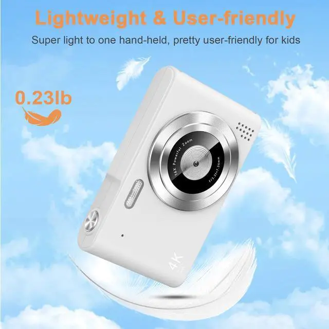 Alt view image 7 of 7 - Digital Camera, Camera for Kids, UHD 4K 48MP Point and Shoot Digital Cameras with 64GB SD Card and 16X Digital Zoom Anti Shake, Compact Portable Small Gift for Boys Girls Students,White